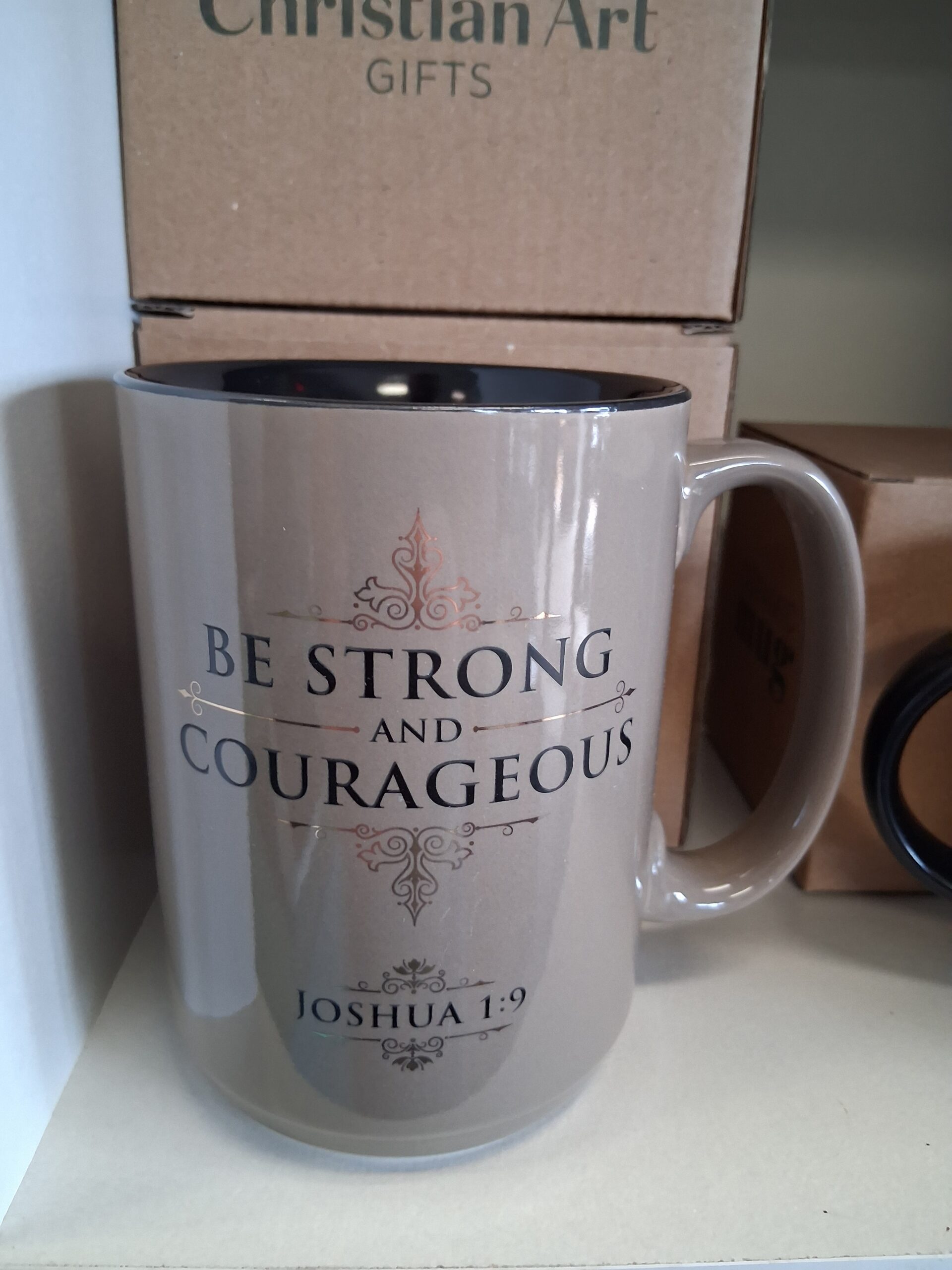 Tall Grey Mug with Dark Interior — Joshua 1:9